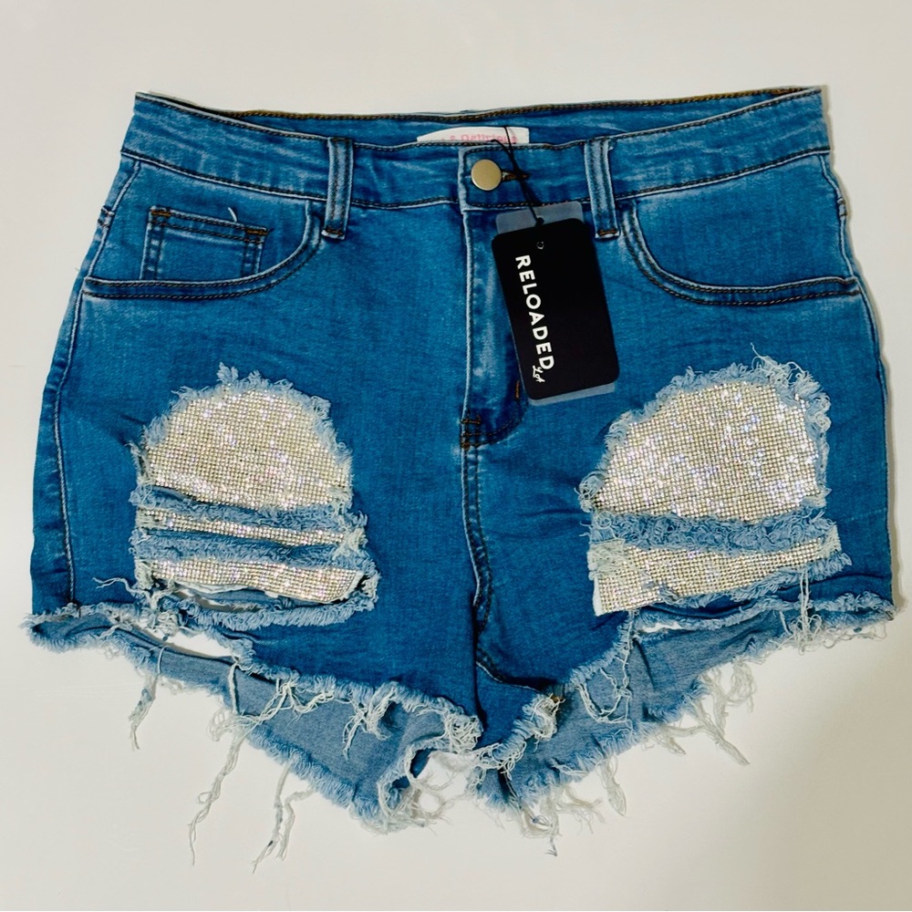 Rhinestone Distressed Denim Shorts Size L